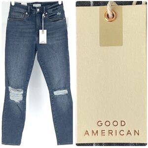 GOOD AMERICAN NWT GOOD LEGS CROP DISTRESSED HIGH RISE JEANS CLEAN HEM BLUE 752
